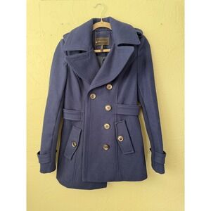 BCBGMAXAZRIA Navy Blue Wool Blend Double Breasted Pea Coat Gold Buttons XS